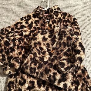 Pink Lily Mommy and Me leopard print fleece sweatshirts.